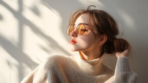 Warm side-light portrait in cozy knitwear and round glasses.