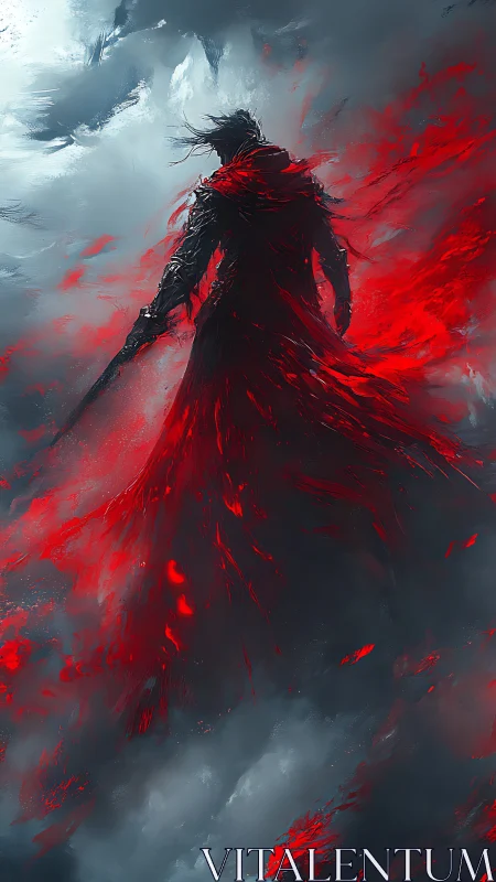 Solitary red‑cloaked warrior amid stormy abstract sky.