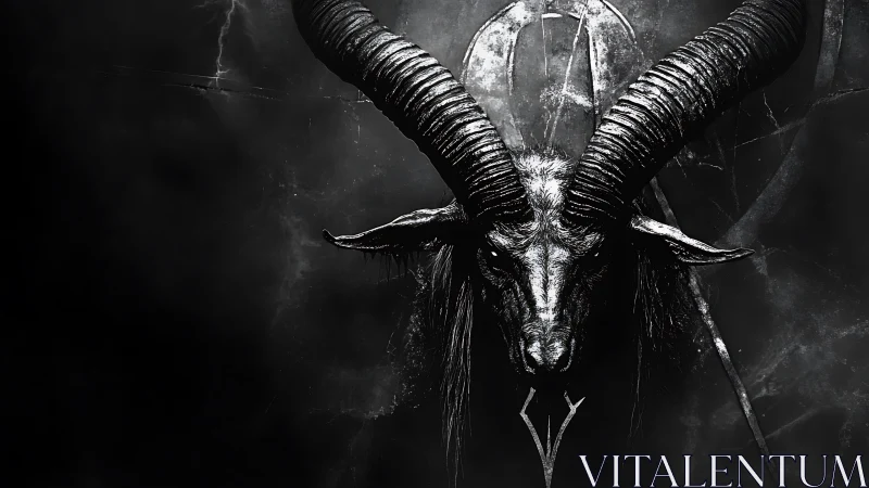 Dark horned goat skull against cracked stone background.