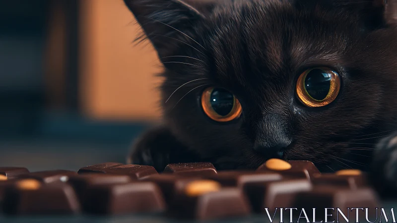 Black Feline Portrait with Amber Iridescent Ocular Focus and Confectionery Foreground.