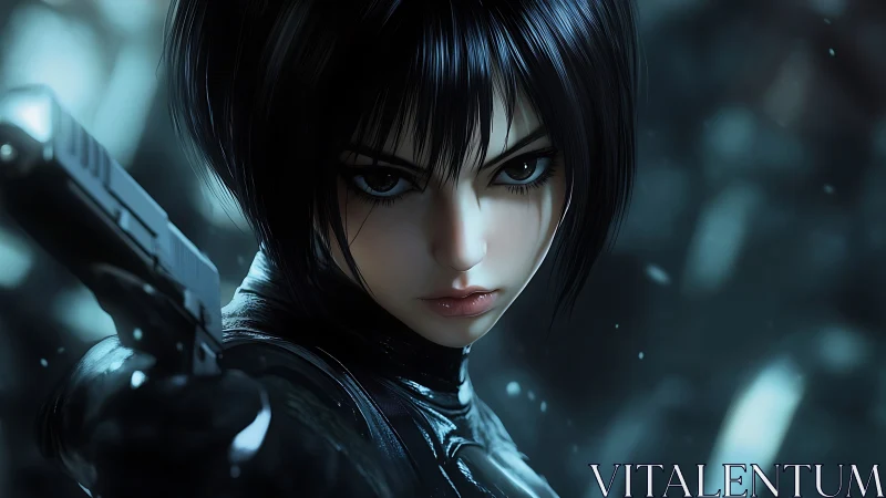 Anime tactical assassin portrait in shallow depth of field.