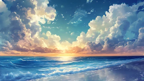 Radiant ocean horizon under luminous cumulonimbus clouds.