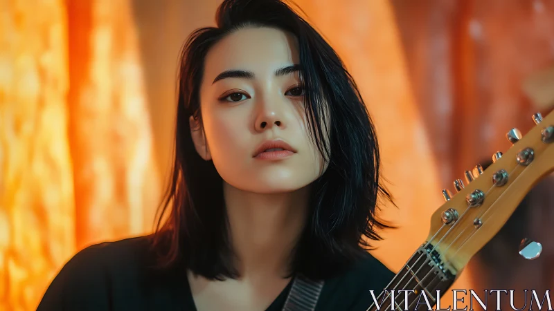 Moody guitarist gazes into warm light with quiet confidence