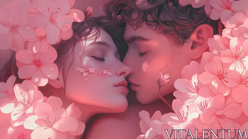 Digital Rendering of Romantic Intimacy Amid Floral Saturation.