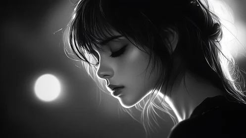 Side profile portrait shows monochrome girl in soft backlight