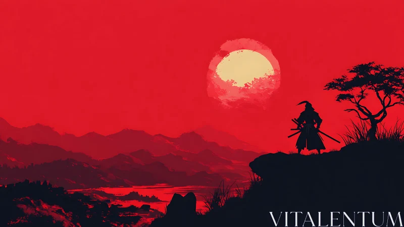 Lone samurai watches a crimson sun drown the silent valleys.