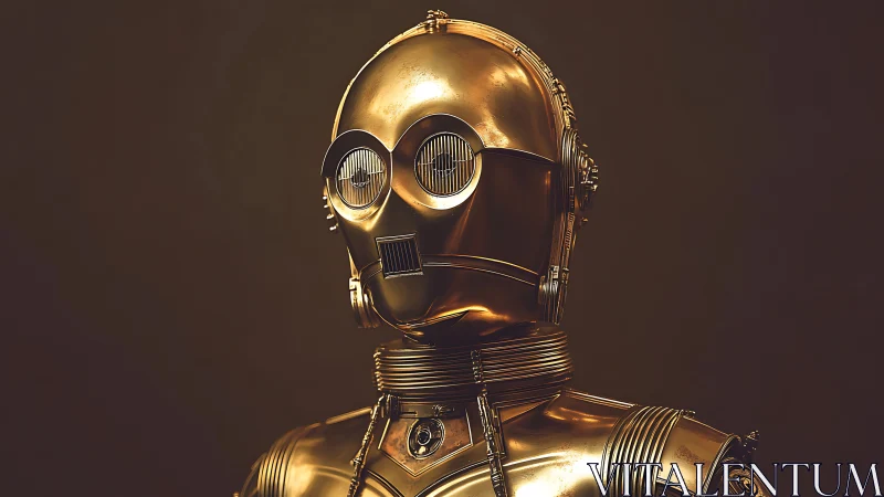 Specularly lit gold protocol robot portrait, frontal view.