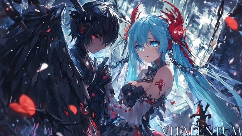 Dual-winged anime figures embody luminous red-blue contrast