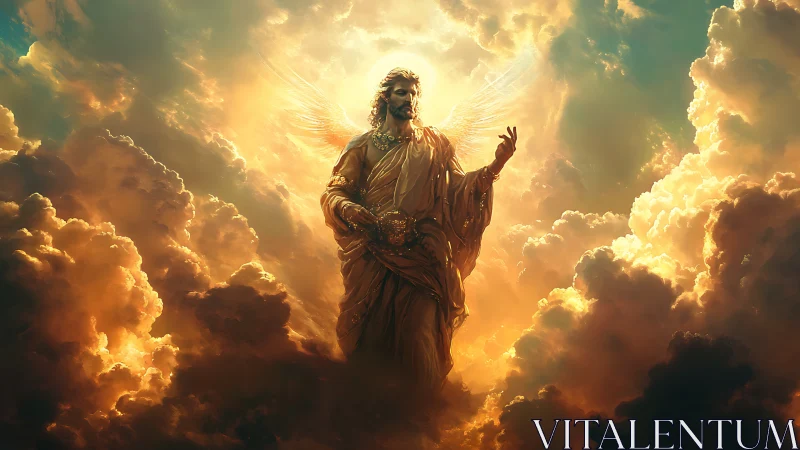 Winged robed figure stands amid glowing sunlit clouds