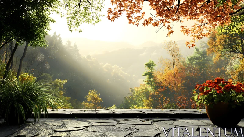 Sunlit terrace overlooks misty forest valley in autumn glow
