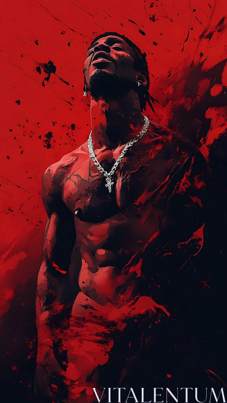 Torso rises through crimson splatter, lit by silver chain.