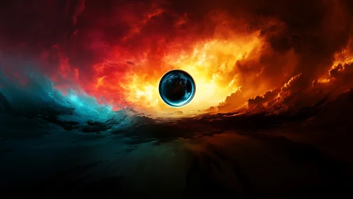 Planet silhouette against intense fiery cosmic sky.