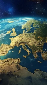 Satellite view reveals sunlit Europe and Mediterranean curvature