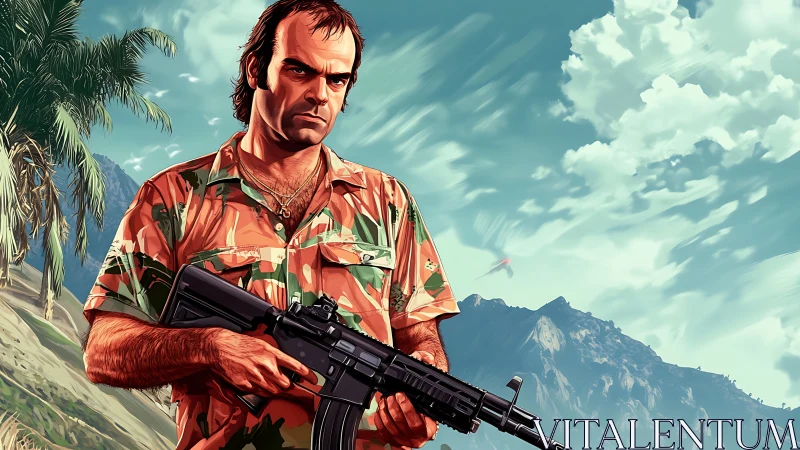 Militant figure with rifle in stylized tropical landscape.