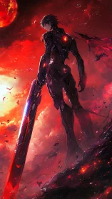 Armored warrior surveys burning alien horizon with blade ready
