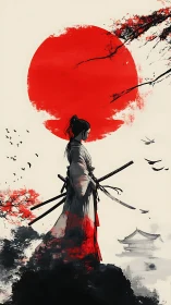 Solitary samurai stands calm beneath a blazing red sun