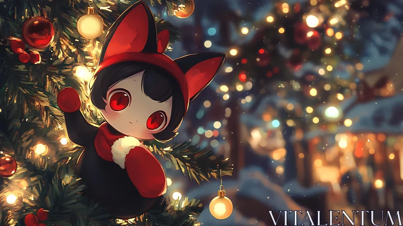 Small red-eyed character in winter tree with lights at night.