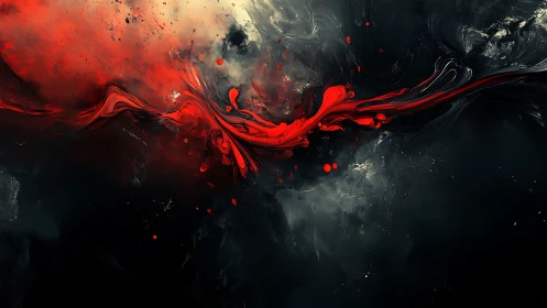 Red fluid streak across dark abstract swirling background.
