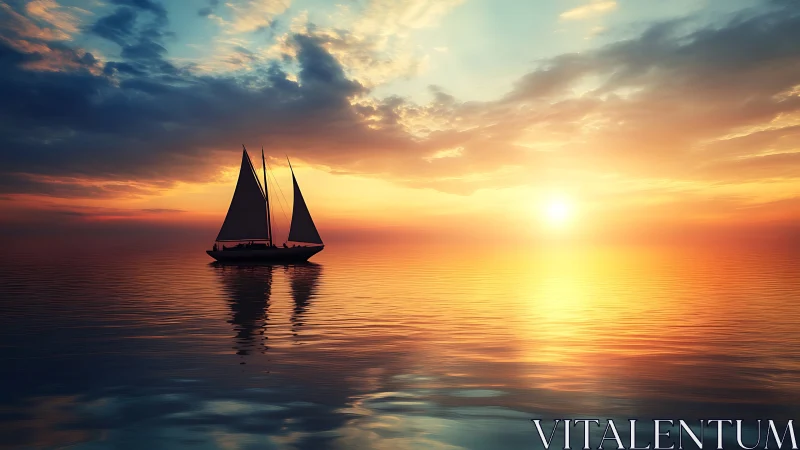 Sailboat silhouette on calm sea under vivid sunset sky.