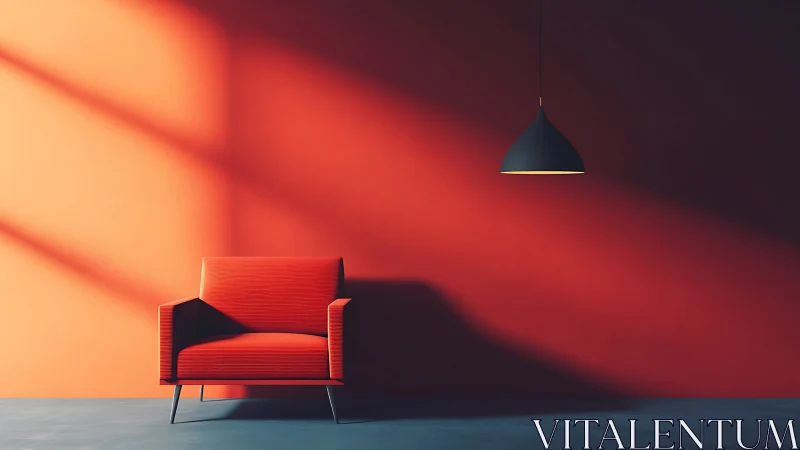 Minimalist red armchair under strong directional light.