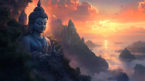 Colossal Buddha monument overlooks a mist-laden coastal temple realm