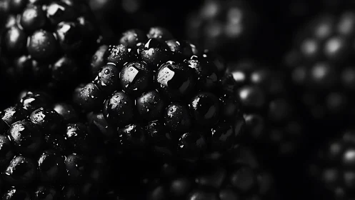 Macro close-up shows wet blackberry surfaces in sharp focus
