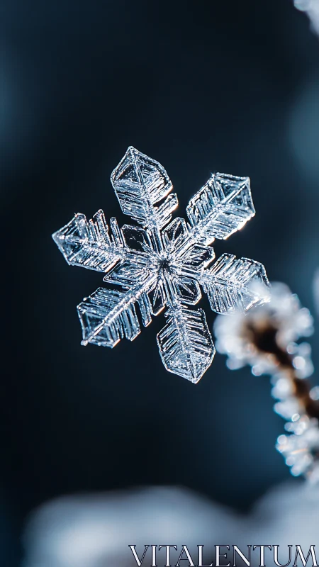 Single hexagonal snowflake is captured in detailed macro view