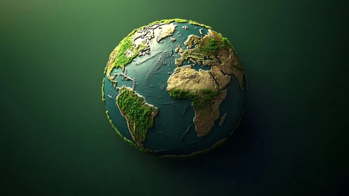 Rendered globe with textured continents and vegetation detail