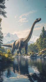 Sauropod paleo-landscape with alpine riverine reflection study.