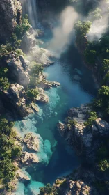 Rocky canyon river with turquoise pools and soft mist.