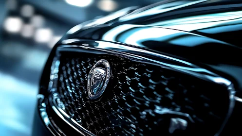 Luxury performance car grille with chrome emblem closeup.