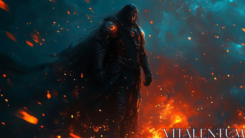 Armored dark knight strides through infernal embers in teal haze
