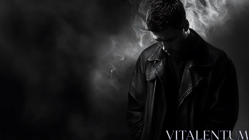 Moody portrait in smoke with downcast man in leather jacket.