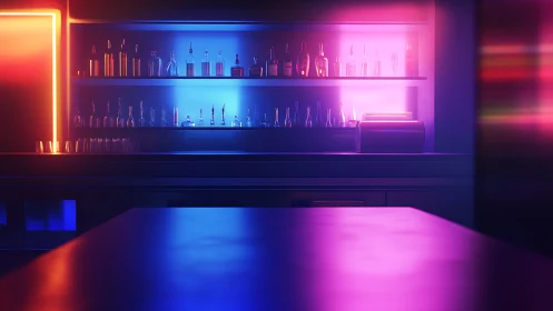 Color-soaked neon bar counter glowing in soft twilight hues.