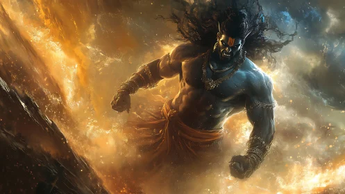 Mythic blue warrior emerges through turbulent fiery storm clouds