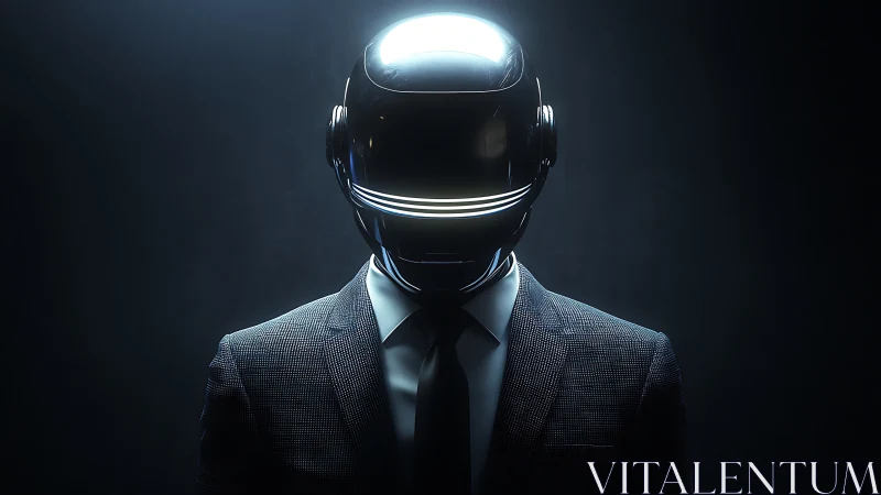 Cybernetic executive in dark suit under focused rim lighting