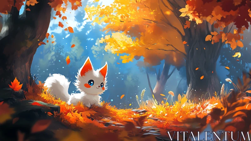 Autumn forest vignette with stylized fox-like creature rendering.