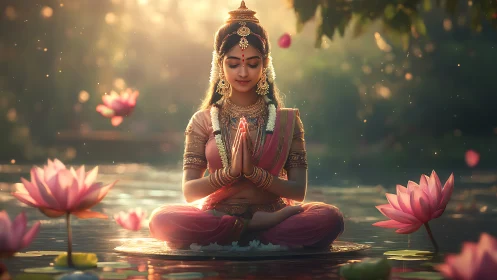 Gentle Evening Meditation Amid Floating Pink Lotus Blooms.