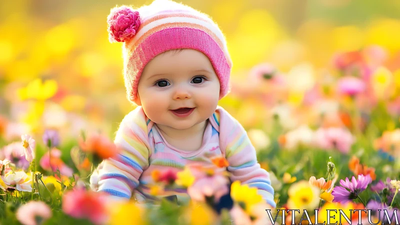 Smiling Baby in Pink Hat Among Wildflowers.