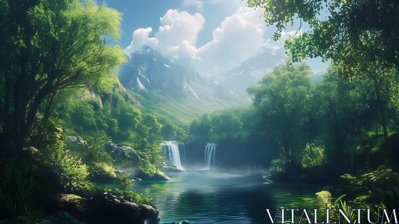 Lush mountain valley lake with twin waterfalls at sunrise.