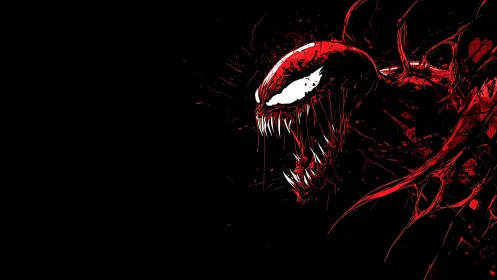 Fierce red creature lunges from darkness with wild energy