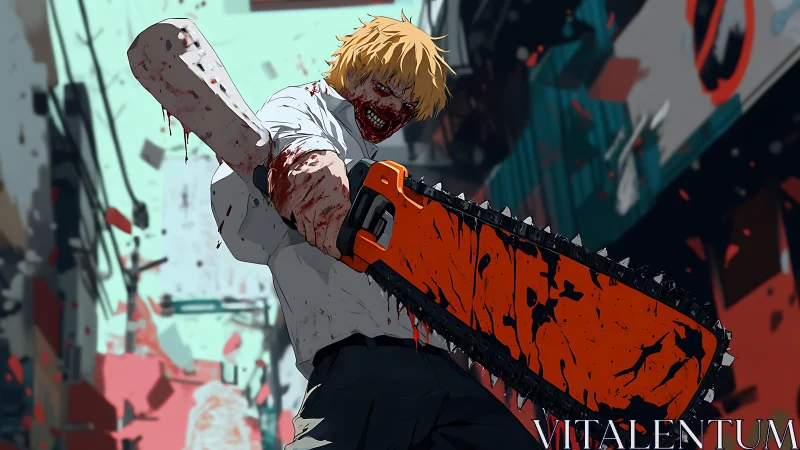 Chainsaw-armed humanoid in alleyway with splattered debris.
