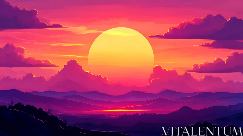 Chromatic stratified sunset over layered digital ridges.