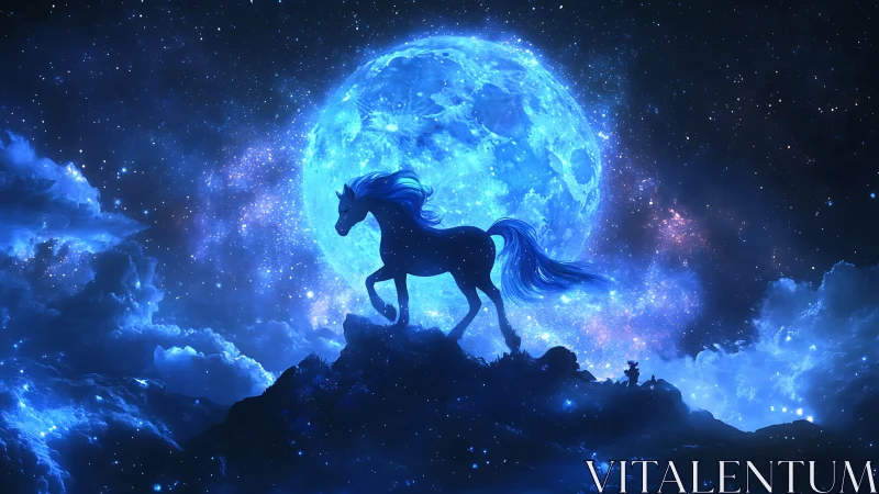 Celestial stallion strides beneath a radiant blue moon.