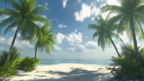Tropical Beach Paradise with Palm Trees and Calm Waters.