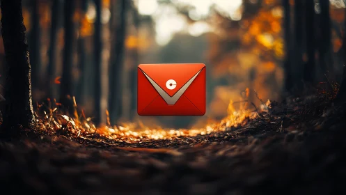 Floating red email envelope icon contrasts with shallow forest bokeh