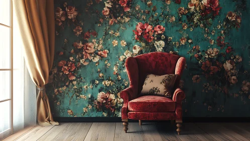 Red armchair stands before teal floral mural in soft light