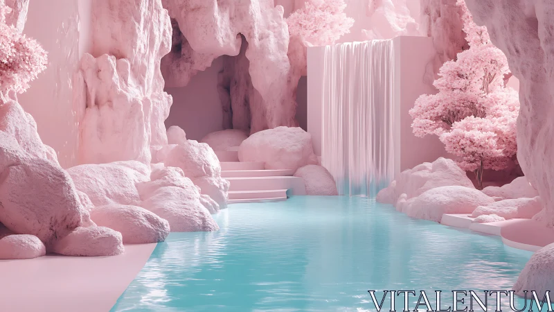 Pastel cavern waterfall frames tranquil turquoise pool.