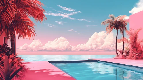 Dreamy pastel pool terrace opens onto a calm ocean horizon