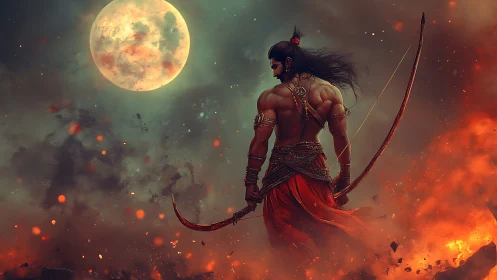 Moonlit warrior steps through fire with steady, fearless grace